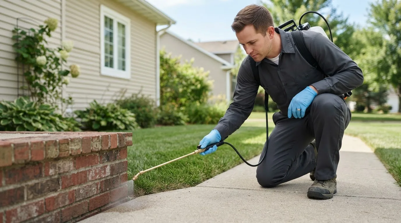 Pest control technician treating a home near Baxter, WV